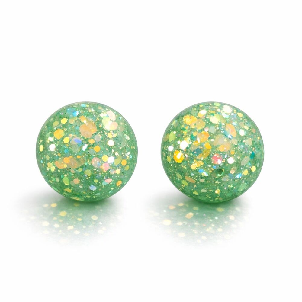 Green Iridescent Opalescent Glitter Resin Stud Dome Cabochon Fashion Earrings